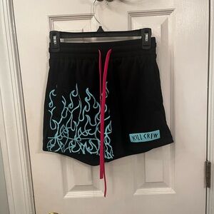 Kill Crew Black Shorts with Blue Flame Design Muay Thai